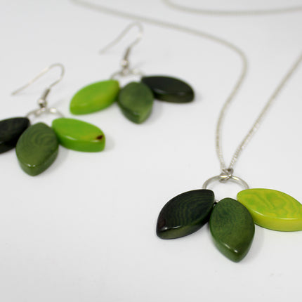 Tagua Jewelry Set: Necklace & Earrings Leaves in Green Tones Handmade Fairtrade